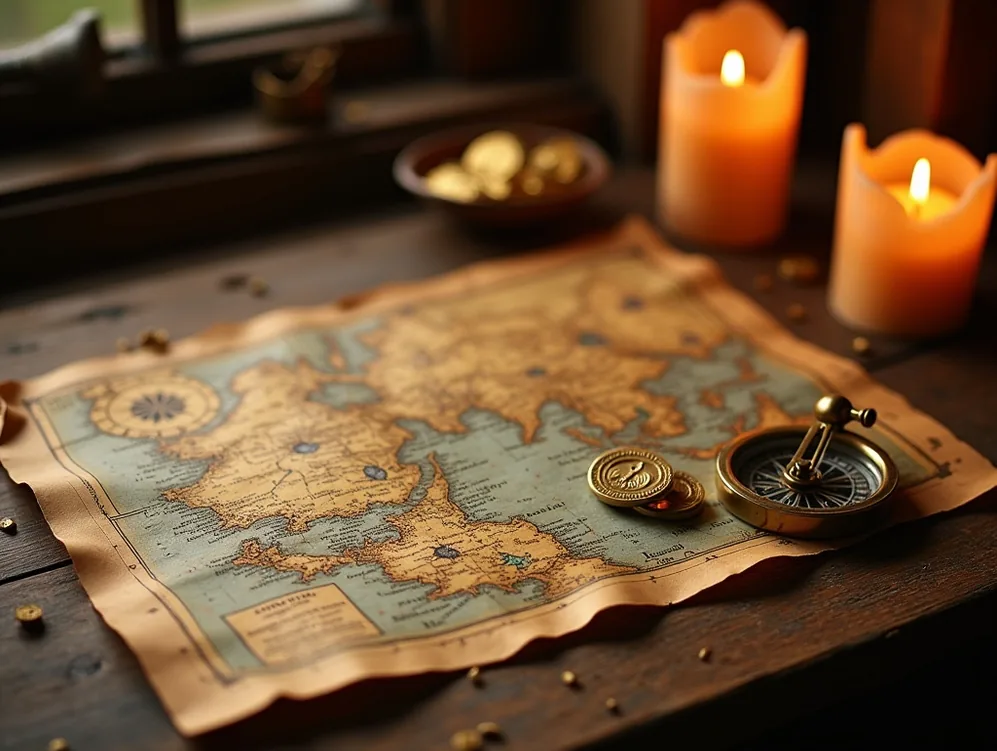 Nautical map and compass on table